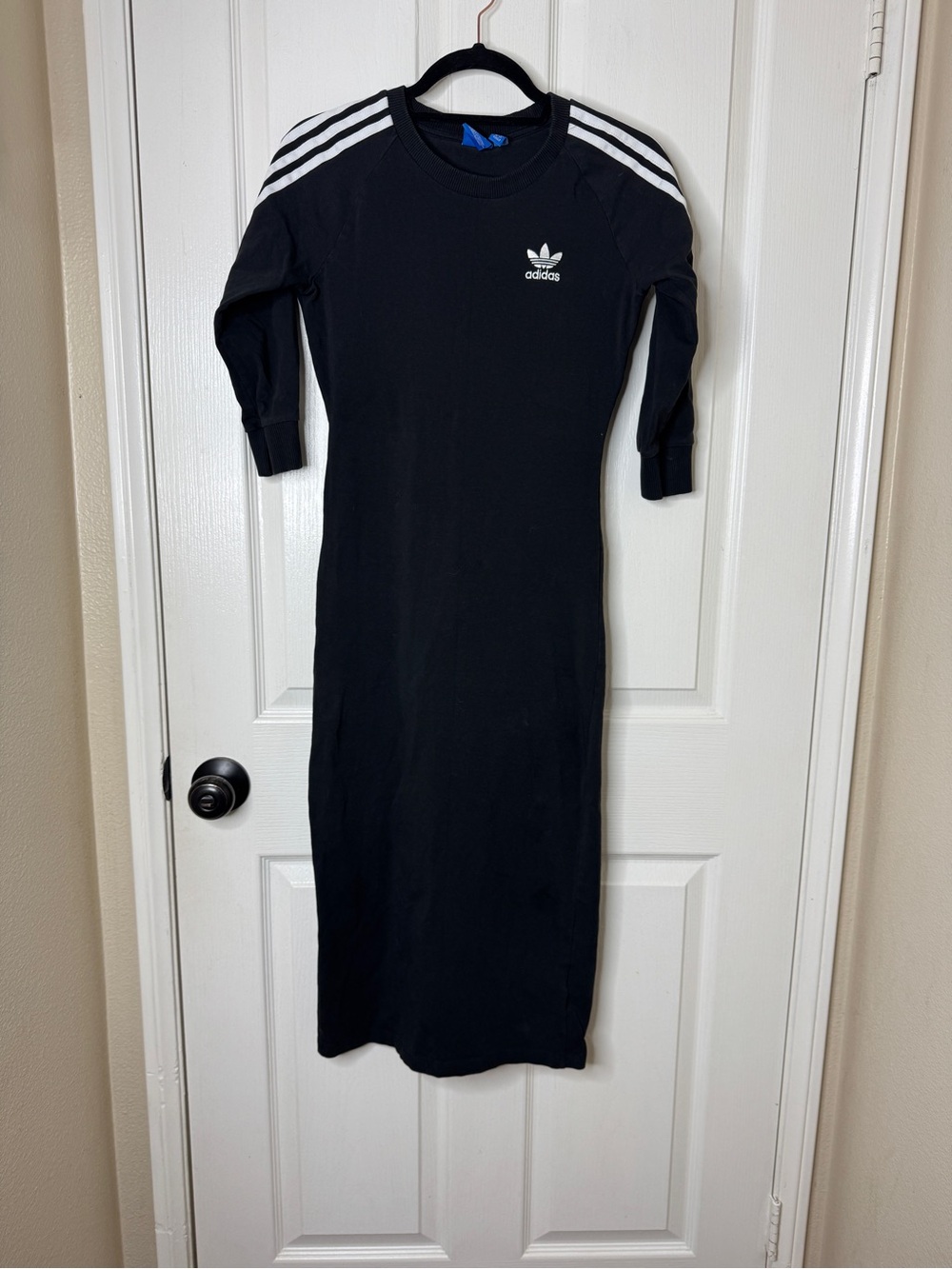 adidas Black Long-Sleeve Midi Dress with White Three Stripes